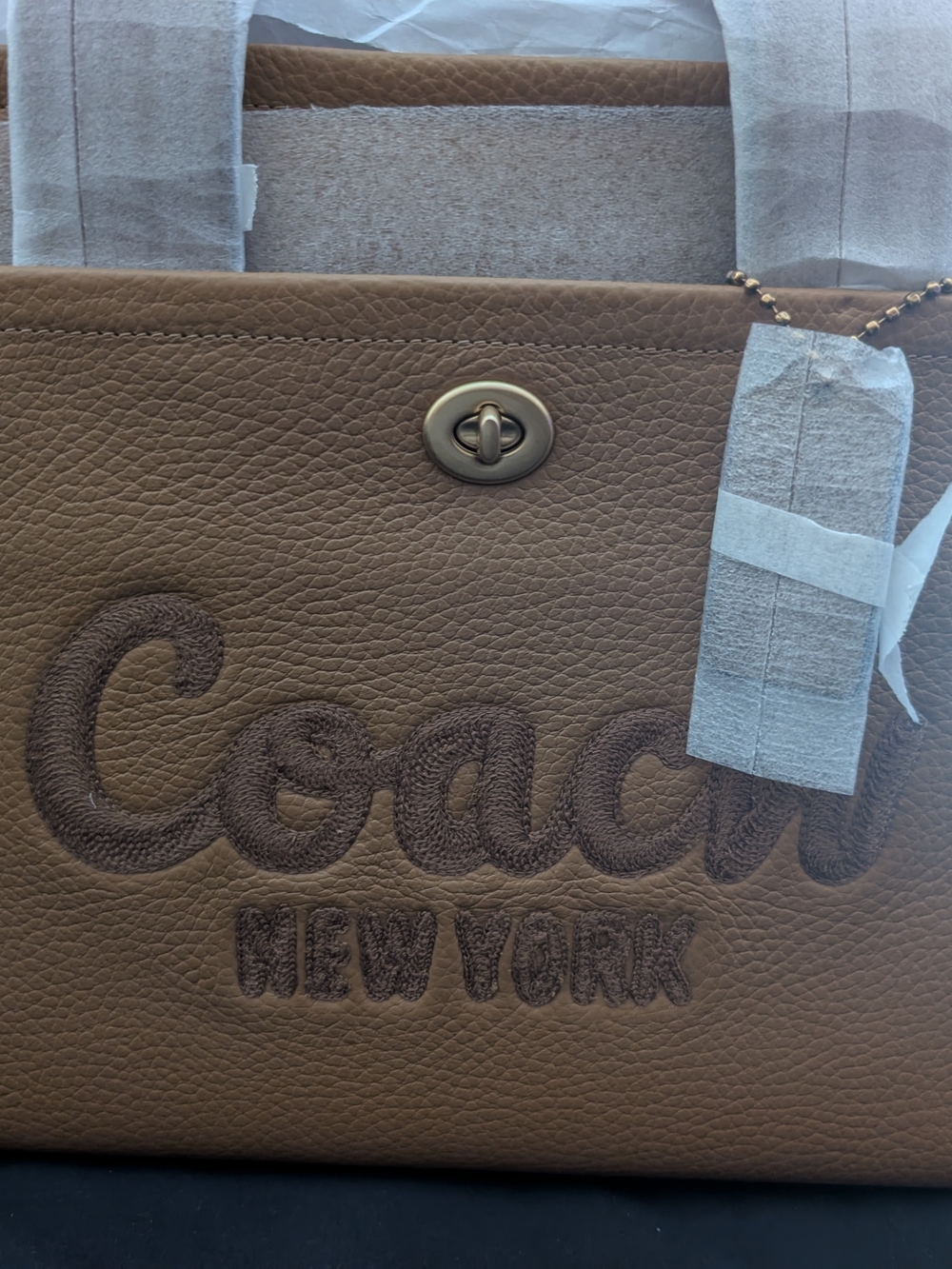Coach Embroidered Logo Tan Leather Tote